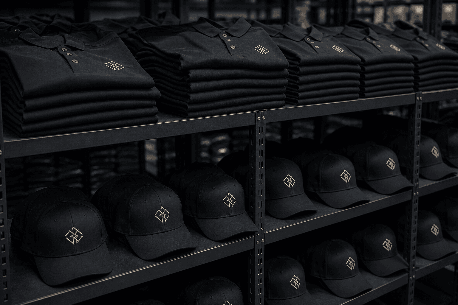 Bulk embroidered polos and caps ready for wholesale delivery