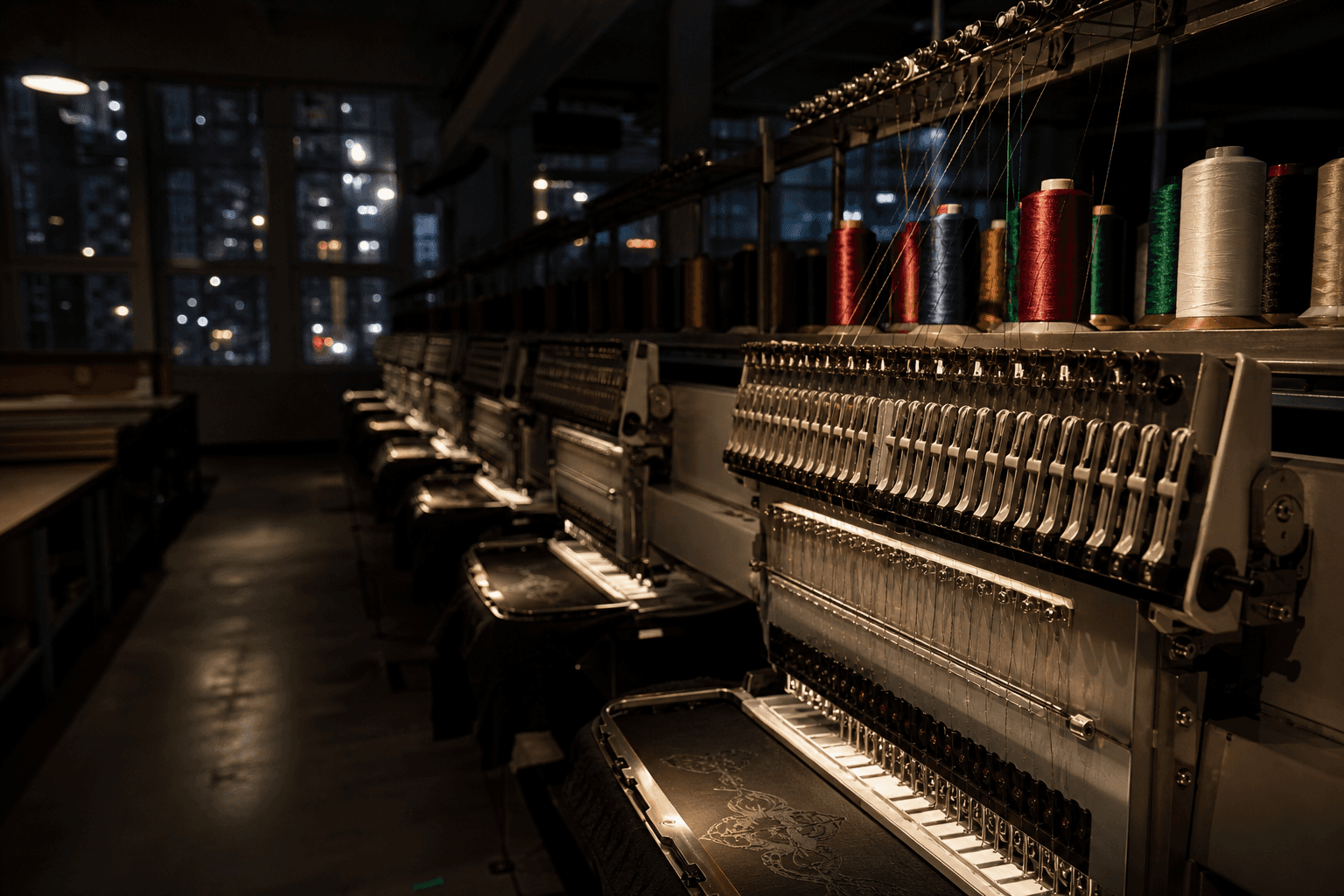 Commercial Barudan embroidery machines with colored thread spools on the Calitex production floor