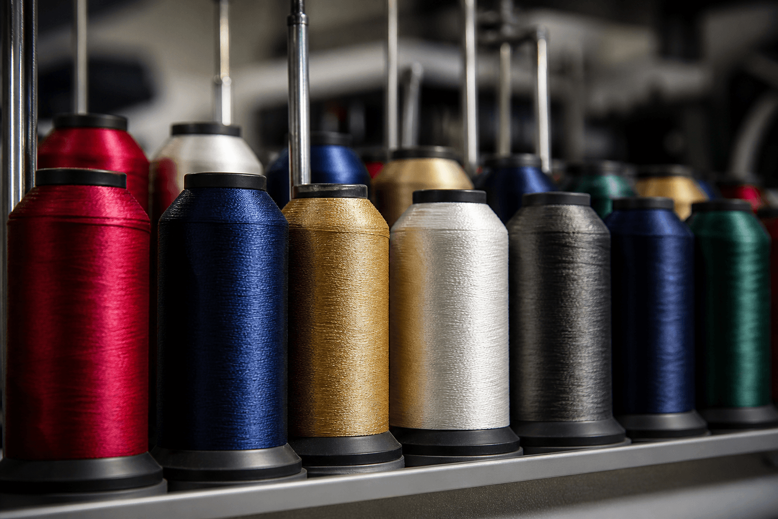 Premium embroidery thread spools on industrial racks