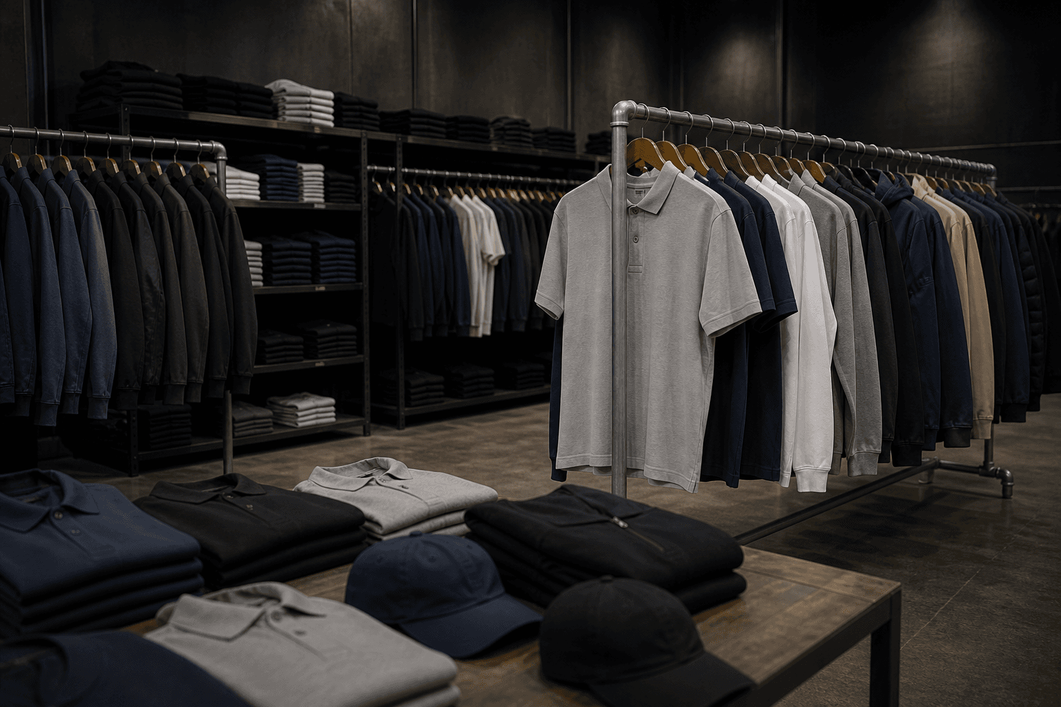 Wholesale blank apparel on garment racks
